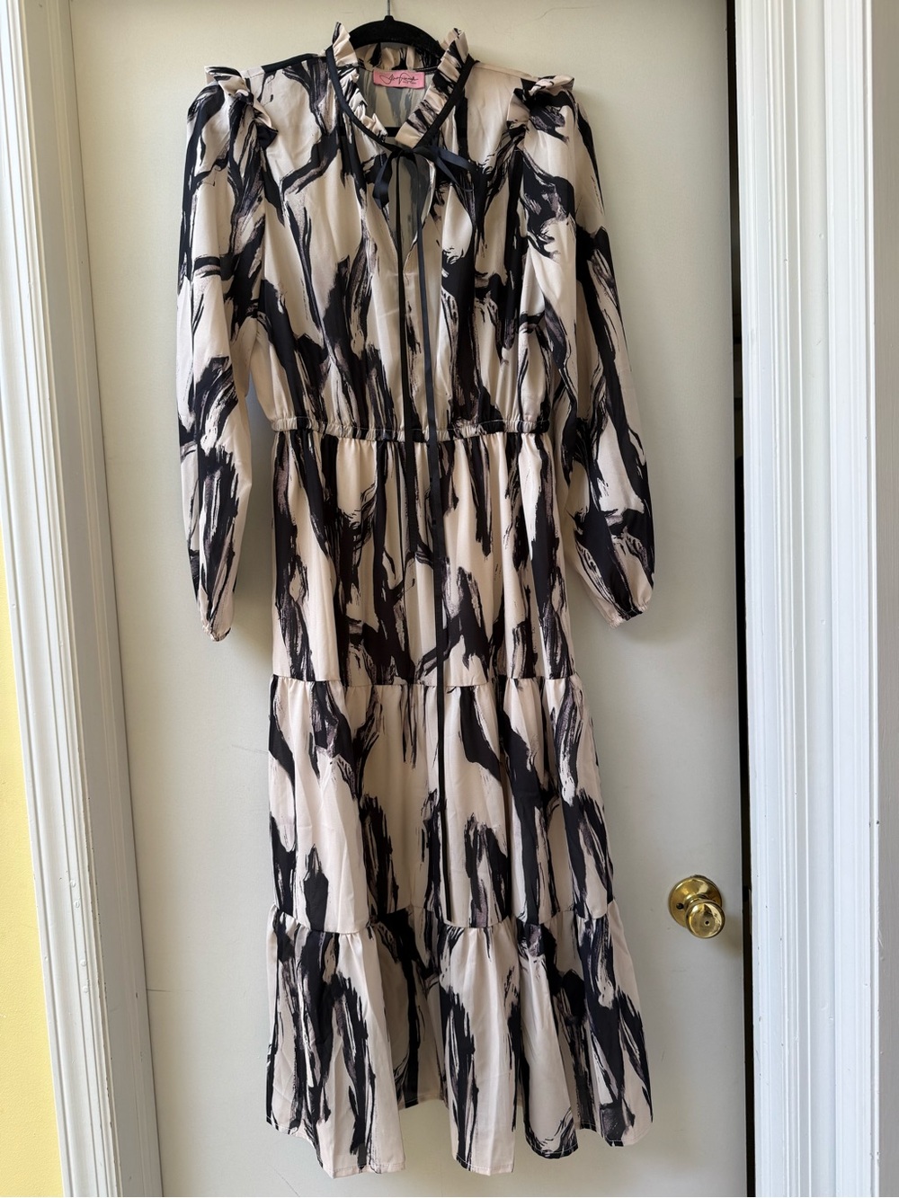 NY DESIGNER Alex Vinash Tie-Neck Tiered Midi Dress in Black and Cream NWT!